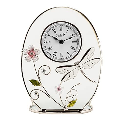 Image of Widdop Glass Floral Mantel Table Clock w/Dragonfly Handpainted 16cm