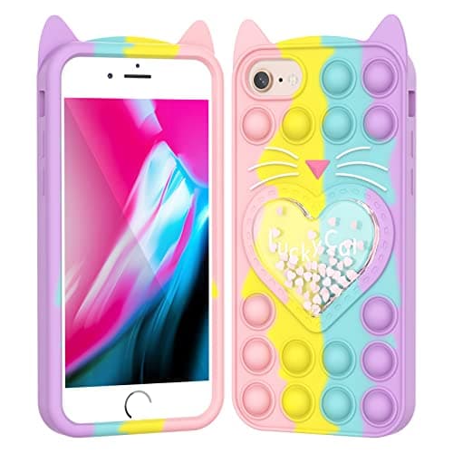 Image of Asgens Fidget Pop Case for iPhone 6/6S/7/8/SE 2020, Cute Cartoon Lucky Cat Quicksand Bling Stars Push Bubbles Shockproof Silicone Soft Phone Case for Apple iPhone 6/6S/7/8/SE 2020 4.7 inch