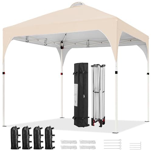 Image of Yaheetech Pop Up Gazebo, 2x2m Instant Foldinng Shelter with Wheeled Bag, 4 Sandbags, 4 Ropes, 8 Stakes, Metal Frame, Adjustable Height, Top Air Vent, Beige