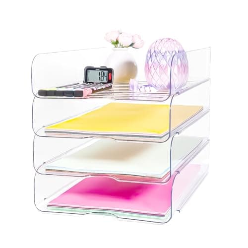 Image of 4 Pack Stackable Letter Tray for Desk, Clear File Organizer for Files, iPad, Letters, A4 Office Files, Books, Notes, Vertical