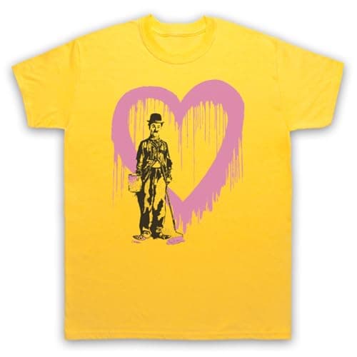 Image of My Icon Art and Clothing Chaplin Love Heart Graffiti Street Art Brainwash Retro Mens T-Shirt, Yellow, Large