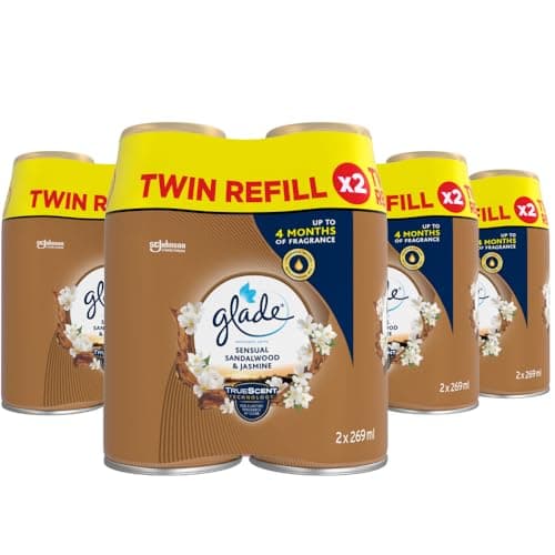 Image of Glade Automatic Air Freshener Refills, Room Spray & Odour Eliminator, Sandalwood & Jasmine, Pack of 4 Duos (8 Refills x 269ml)
