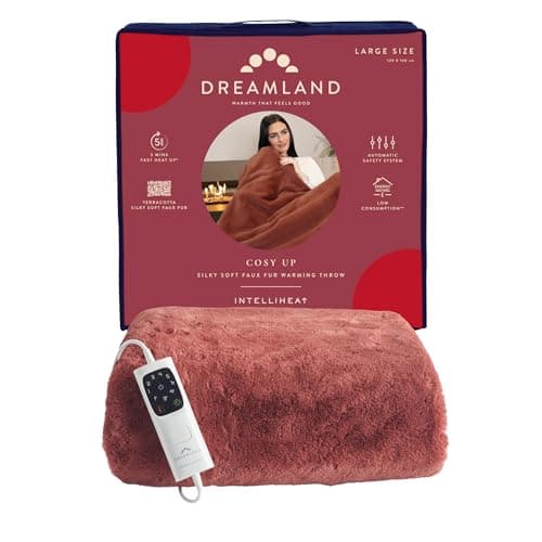 Image of Dreamland Cosy Up Electric Blanket – Heated Throw - Terracotta, Fast heating, Luxury Silky Soft Faux Fur for Bed and Sofa, Fast Heating, Machine Washable, Detachable Control, auto timer, 160 x 120cm