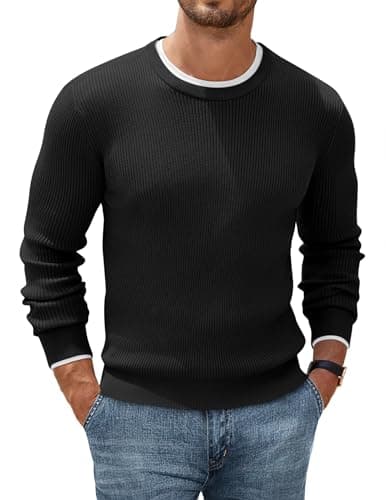 Image of COOFANDY Men's Knit Jumper Crew Neck Ribbed Jumpers Classic Sweater Basic Pullover Sweatshirt Black XL