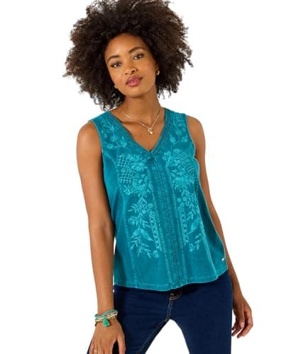 Image of Joe Browns Womens Floral Embroidered V Neck Vest Shirt, Teal, 14 UK