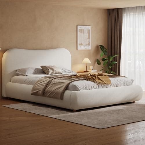 Image of Merax King Size Ottoman Storage Bed Frame, 5ft Kingsize Upholstered Bed with Curved Shaped Headboard, Soft Rounded Corners, Boucle Fabric, Warm White/150x200cm