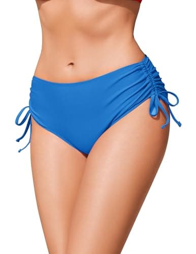 Image of Ekouaer Women's Bikini Bottoms Adjustable Drawstring with Side Tie Stretchy Swimsuit Swim Bottom Mid Waist Swimwear Swimming Briefs Blue M