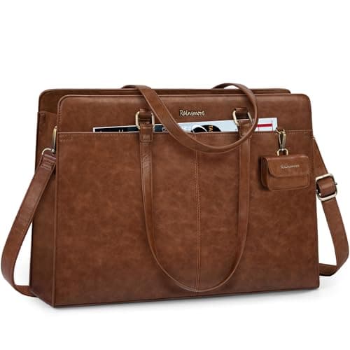 Image of RAINSMORE Laptop Bag for Women 15.6 Inch Work Tote Bags Waterproof PU Leather Handbag Shoulder Bags Business Office School Briefcase Vintag Brown