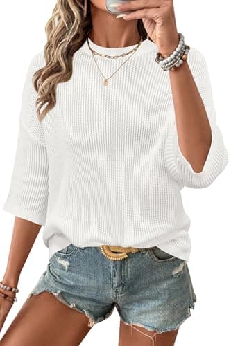 Image of Arach&Cloz Women's Jumpers Cotton Soft Ladies Summer 3/4 Sleeves Crochet Shirt Tops Casual Blouses Outfits Beige M