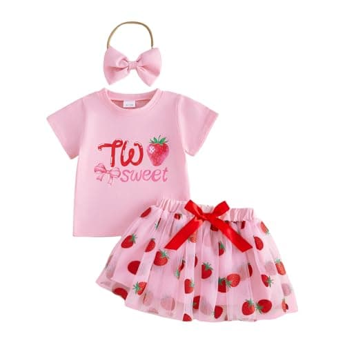 Image of MAHUAOYIXI 3Pcs Baby Girl 2nd Birthday Outfits Strawberry Letter Print Short Sleeve Tops T-shirt Shirts + A-Line Layered Tulle Tutu Skirts Mesh Princess Dress + Bow Headband (Pink, 2-3 Years)