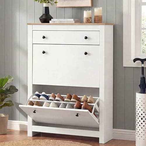 Image of Blisswood Shoe Cabinet, Wooden Shoe Storage Unit with 2 Flip Drawers & 1 Open Drawer, Freestanding Shoe Rack Organiser, Adjustable Shelves Cupboard for Entryway Footwear Stand Hallway Furniture_White