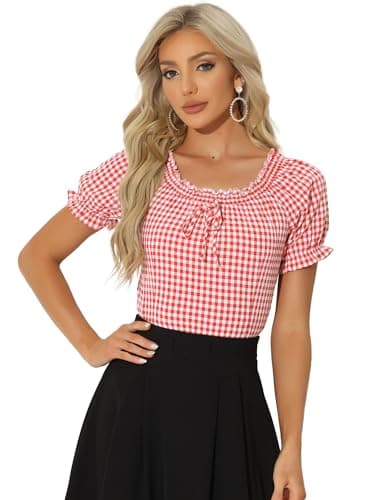 Image of Allegra K Gingham Plaid Blouse for Women Peasant Round Neck Ruffles Puff Sleeve Top Red M