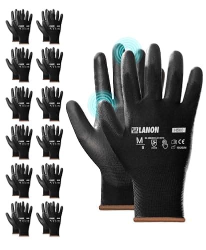 Image of LANON 12 Pairs Black Safety Work Gloves, PU Coated, Multipurpose Working Gloves for Men, Seamless Knit, Power Grip, EN 388, L/9