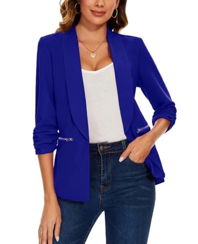Image of MINTLIMIT Women's Casual Blazer Open Front Tailored Lapel Suit 3/4 Ruched Sleeve Jacket (Royal Blue M)
