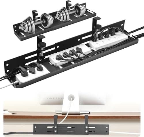 Image of Retractable Under Desk Cable Management Tray No Drill, 43–76 cm Long Adjustable Wire Organiser with Clamp Mount, Cable Tidy for Office Workspace, Gaming/Standing Desk, Black