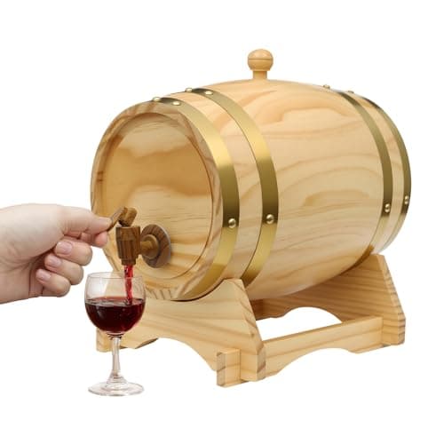 Image of 5-Litre Pine Wood Wine Barrel with Metal Tap & Stand, 1.32 Gallon Wooden Oak Style Keg for Serving Whisky, Ale, Cocktails at Home Bar, Party & Pub