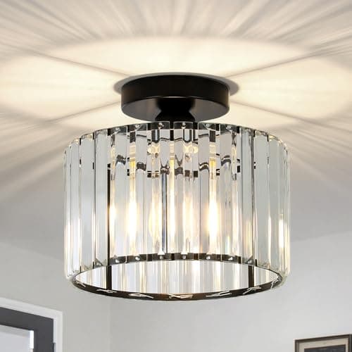 Image of Rayofly Crystal Ceiling Lights - Modern Chandeliers, Black Fitting with Glass Lampshade, Flush Lights for Living Room, Bedroom, Kitchen, Hallway, Bathroom