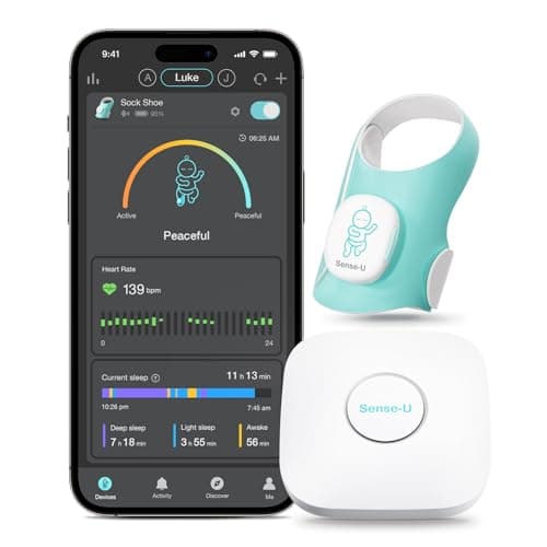 Image of Sense-U Smart Sock Shoe (Long Range) Baby Monitor with On-Device Sleep Indicator & Notifications, Track Heart Rate, Movement, Sleep Patterns, Naps from Anywhere for Peace of Mind