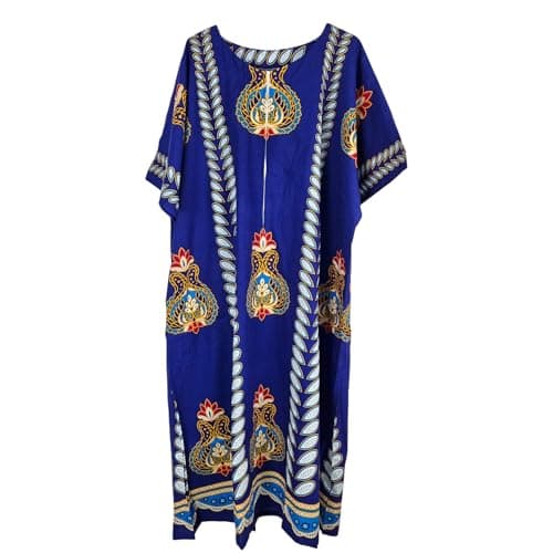 Image of Kiran Fashion New Ladies 100% Cotton Long Kaftan Dress Summer Ethnic African Print Beach Cover One Size (Royal Blue)