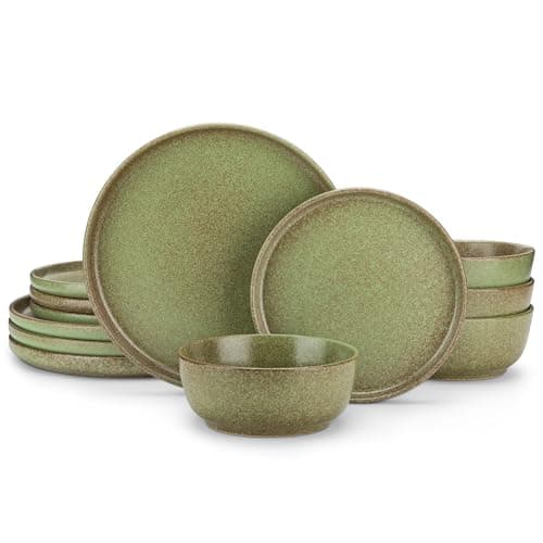 Image of vancasso Zermatt Dinner Set 12 Pieces, Reactive Glaze Plates and Bowls Set for 4, Stoneware Dinner Set for 4 Kitchen Essentials, Green