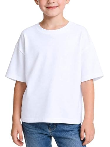 Image of Essentia Topia Unisex Kids Heavyweight 200gsm Pure Cotton T-Shirt, Girls Boys Drop Shoulder Boxy Tee, Premium Thick Soft Oversized Streetwear Top 5-6 Years White