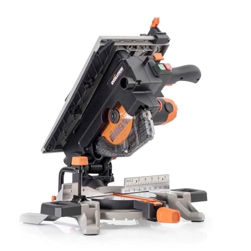 Image of Evolution Power Tools R210MTS-G2 Convertible Mitre/Table Saw, Compact Multi-Function & Multi-Material Cutting, -47˚ Bevel & +/- 45˚ Mitre Angle, TCT Blade Included Cuts Wood, Plastic, Metal, 210mm