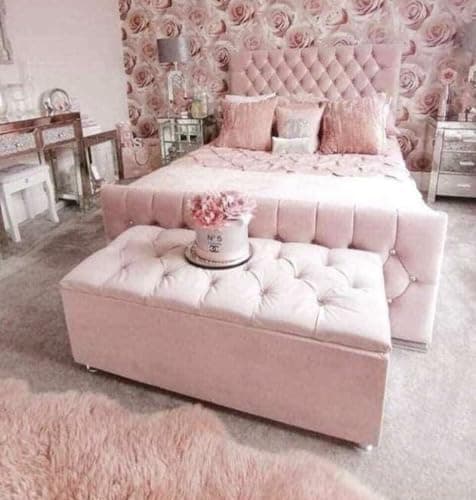 Image of Innovative Princess Blush Plush Velvet Chesterfield Monaco Diamond Sleigh Bed Frame - Mattress/Gas Lift - UK Made - Double/King/Super King (Baby Pink Plush, Small Double 4ft Bed Frame)