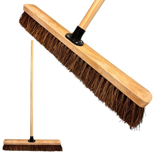 Image of LS 24” Outdoor Garden Broom Heavy Duty Yard Brush with Wooden Handle Natural Stiff Bassine Bristles & Metal Support Bracket Outdoor Cleaning & Sweeping (PACK OF 1, 24" Stiff Natural Bassine Bristles)