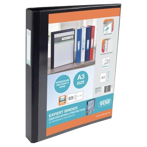 Image of Elba A3 4 D-Ring Binder, 30mm capacity, 35mm spine, Presentation Folder with Customisable Cover, Portrait, Black (Single)
