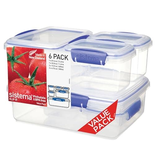 Image of Sistema KLIP IT Food Storage Containers | 2 L1 L400 ml200 ml | Airtight & Stackable Meal Prep Containers with Lids | School Lunch Boxes & Snack Boxes | 12 Count (6 Containers with Lids)
