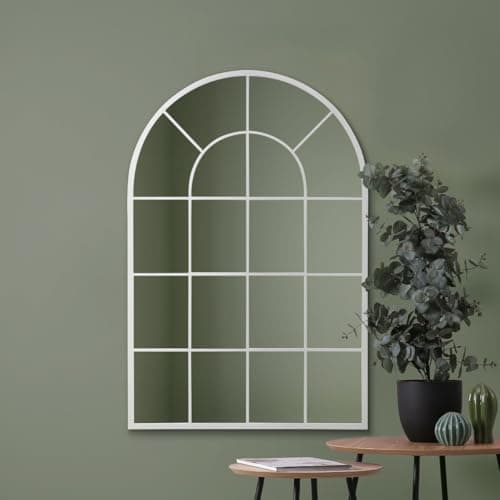 Image of MirrorOutlet The Arcus - White Framed Window Modern Full Length Arched Leaner/Wall Mirror 47" X 31" (120CM X 80CM) Silver Mirror Glass with Black All weather Backing.