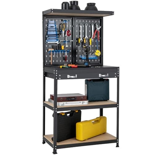 Image of HOMFME Work Bench with Pegboard, Metal Garage Workbench with 13 Hanging Accessories, 2 Drawers, Heavy Duty Tool Storage Workstation for Warehouse Workshop, 290kg Capacity (Black + Blue, 81x41x156cm)