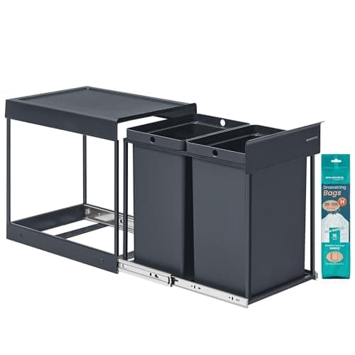 Image of SONGMICS Kitchen Bin for Recycling and Waste, Built-in Rubbish Bin for Cabinet, 2 x 5.3 Gallon (20 L) Double Compartments, Smooth Pull-Out Design, Steel Frame, ABS Lid, Grey LTB951GZ01