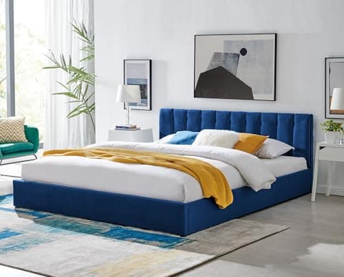 Image of Bravich Ottoman Double Bed Frame. 4FT6 Plush Velvet Fabric Bed With Contemporary Headboard. Gas Lift Bed With Underbed Storage, 190 x 137cm (Double, Dark Blue, No Mattress)