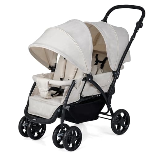 Image of COSTWAY Double Seat Pushchair, Foldable Twin Tandem Stroller with Adjustable Backrest, Push Handle & Footrest, 5 Points Safety Belts, Sunshade, Storage Basket, for from Birth to 15kg (Beige)