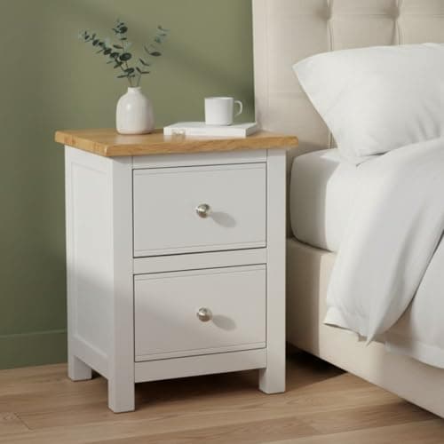 Image of GROFurniture 100% Oak Top Bedside Cabinet Deep Drawers Fully Assembled, Painted Side Table Nightstand for Bedroom or Livingroom Solid Built Oak Bedside Table Cashmere Grey, Modern & Farmhouse Style