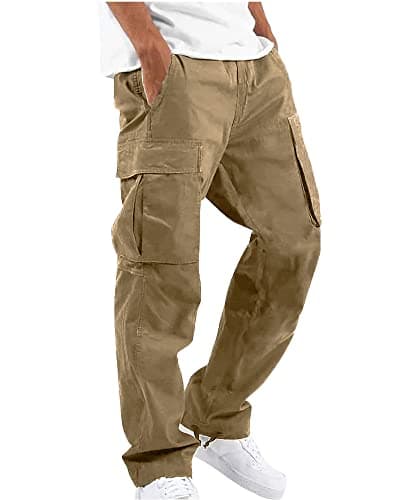 Image of YAOHUOLE Men's Casual Cargo Pants Loose Fit Beach Pants Drawstring Elastic Waist Yoga Trousers Khaki M