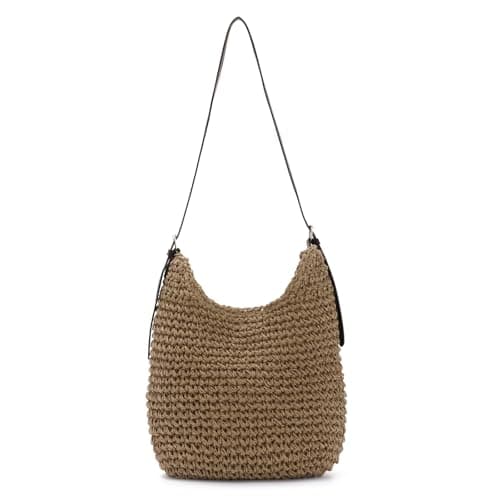 Image of EVEOUT Women Straw Shoulder Bag with Leather Strap Summer Boho Faux Raffia Woven Tote Bag for Beach Holiday Travel