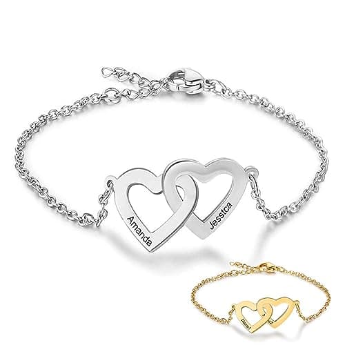 Image of Personalised Silver Charm Bracelet for Women Girls Love Infinity Bracelets Cubic Crystal Adjustable Chain Customised Gifts Simulated Birthstone and Engraved Name Bracelets (2 Name Bouble Love Silver)