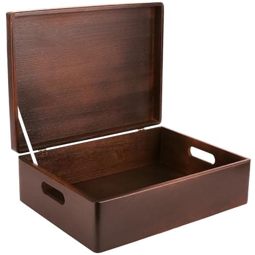 Image of Creative Deco XL Large Brown Plain Wooden Storage Box | 40 x 30 x 14 cm (+/-1 cm) | Hinged Lid & Handles | Gift Christmas Xmas Box Storage | UNSANDED Wood Keepsake Memory Craft Chest