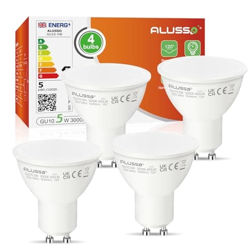 Image of ALUSSO 5W GU10 LED Bulbs Warm White 3000K, 400lm Brightness, 120° Wide Beam Angle, Pack of 4, Non-Dimmable, Ideal for Kitchen & Bedroom & More