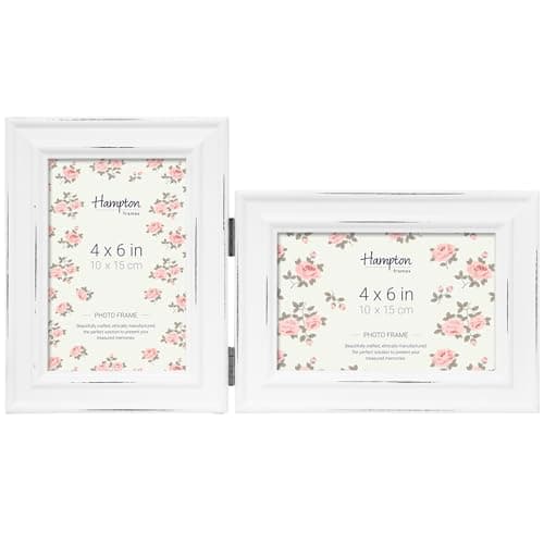 Image of Hampton Frames PALOMA Unique Hinged Double Photo Frame Two 4x6 Inch (10x15cm) Images, White MDF, Glass Aperture, Freestanding, Portrait and Landscape, Distressed Finish Display for Pictures