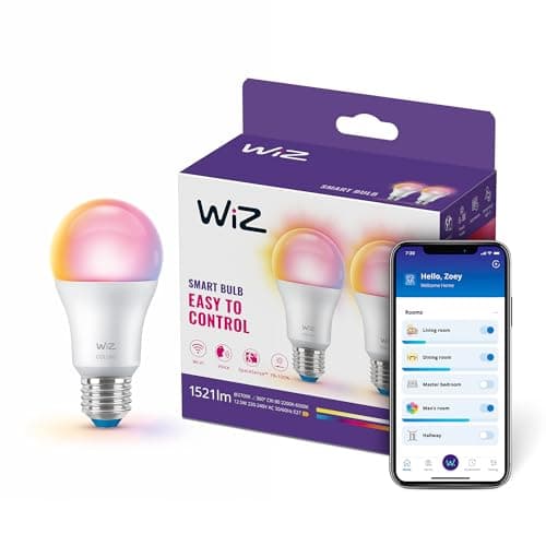 Image of WiZ Smart LED A60 Bulb, Tunable White and Full Color, E27 Base, 100W Equivalent, 2200-6500K, 1521 Lumens, Dimmable, Works with Alexa, Google Assistant, and Apple HomeKit, 2 Pack