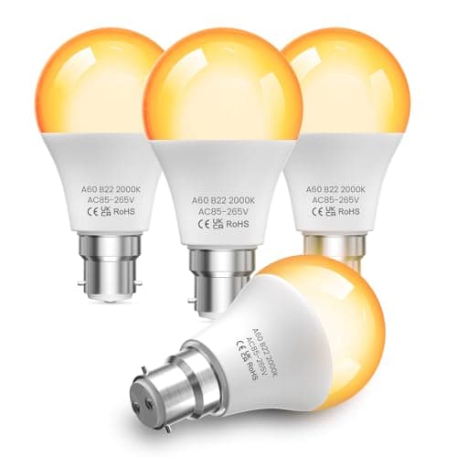 Image of TobeBright Warm Light Bulb Bayonet 2000K Amber Light Bulbs, 9W B22 LED Bulb 60W Equivalent, BC Bayonet Light Bulb Blue Light Blocking, A60 Night Light Bulb for Bedroom,Sleep,Baby Nursery-4Pack
