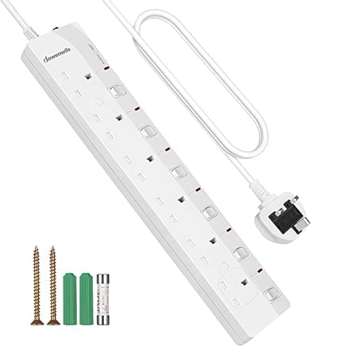 Image of DEWENWILS 6 Way Surge Protected Extension Lead with Individual Switches and Indicator Lights, Extension Cable 3M, 13Amp 6Gang Power Strip Lead, White