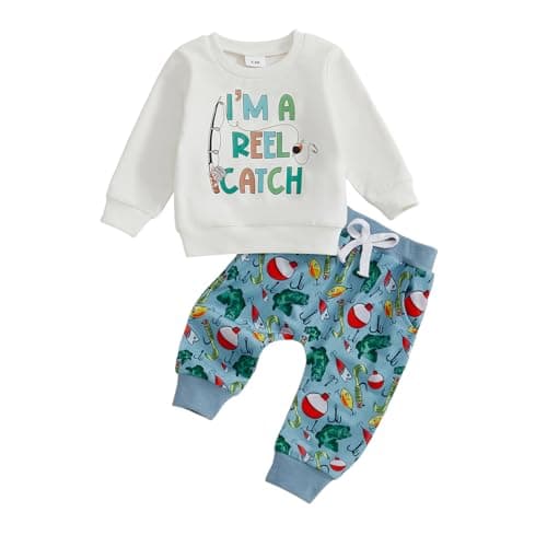 Image of Baby Boy Tracksuit 18-24 Months Long Sleeve Crew Neck Letters Print Sweatshirt Pullover with Elastic Waist Fish Lure Print Pants Sets 2Pcs Toddler Boys Clothes 2-3 Years (Blue, 18-24 Months)
