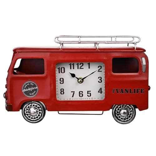 Image of Widdop Hometime Red Metal Camper Van Mantel Clock - Vintage Clockface - Quartz Movement - Camper Van Clock Gift For Him Dad Father's Day Birthday