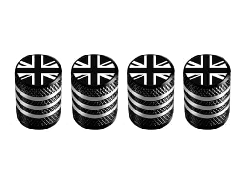 Image of Marcraft Corrosion Resistant (Black Two-Tone) (Laser Engraved Union Jacks) Metal Tyre Wheel Alloy Valve Caps Dust Caps (4 Pack) Universal for Cars, SUVs, Bicycles, Motorcycles, Trucks | Plastic Insert