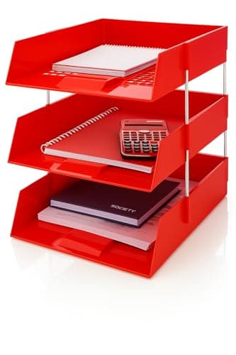 Image of OS Smart Choice A4 Letter Trays, 3-Tier Stackable Document Organiser, Plastic Desktop Filing System, Black/Red/Blue (Red)