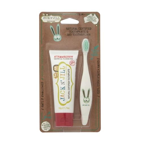 Image of Jack N' Jill Tooth Buddy Set - Natural Certified Strawberry Toothpaste & Toothbrush for Kids, Handle & Packaging Made from Corn, Organic Fruit Flavor, Travel Essentials Set, Makes Brushing Fun